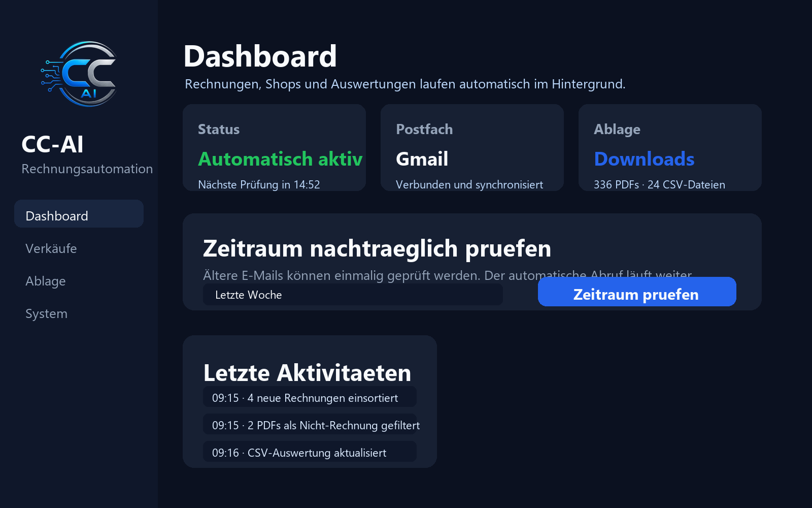 CC-AI Dashboard mit Belegstatus, Postfach und Aktivitäten